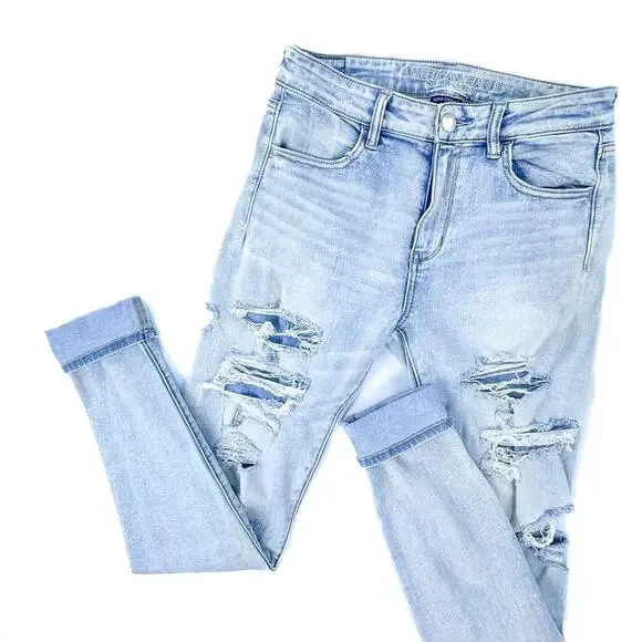 American Eagle Light Wash Distressed High Rise Jeggings- 8 Extra Long - Picture 3 of 6